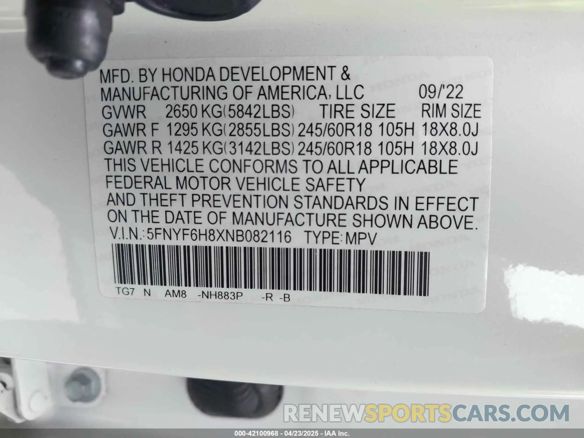 9 fotografías del automóvil dañado 5FNYF6H8XNB082116 HONDA PILOT 2022