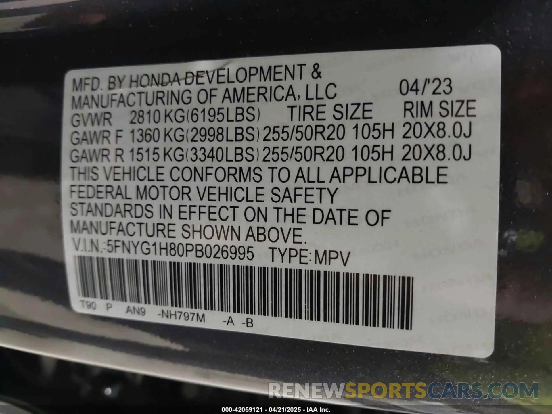 9 fotografías del automóvil dañado 5FNYG1H80PB026995 HONDA PILOT 2023