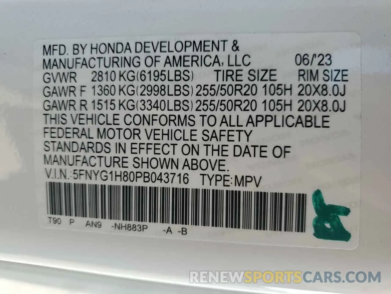 14 fotografías del automóvil dañado 5FNYG1H80PB043716 HONDA PILOT 2023