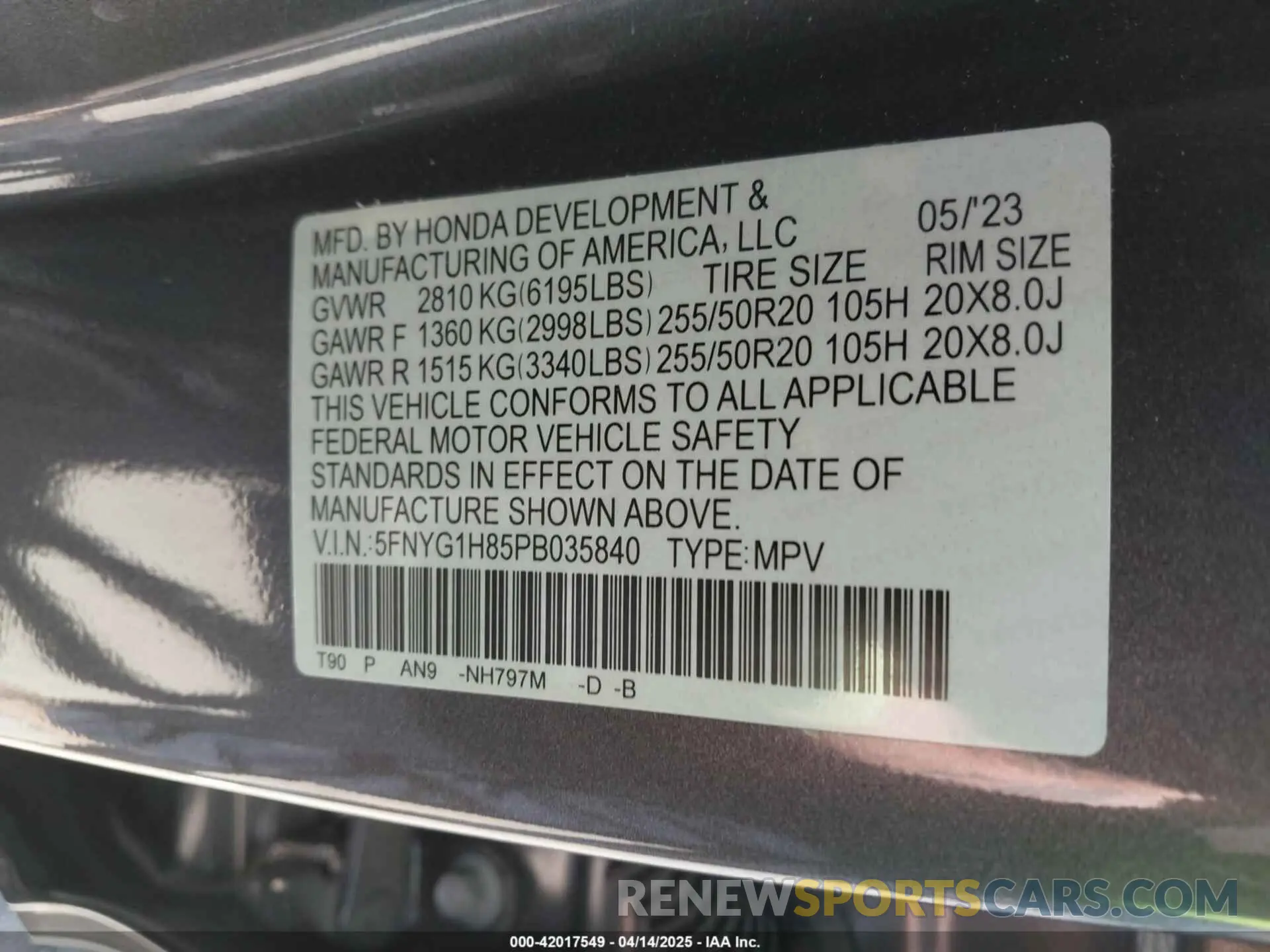 9 fotografías del automóvil dañado 5FNYG1H85PB035840 HONDA PILOT 2023