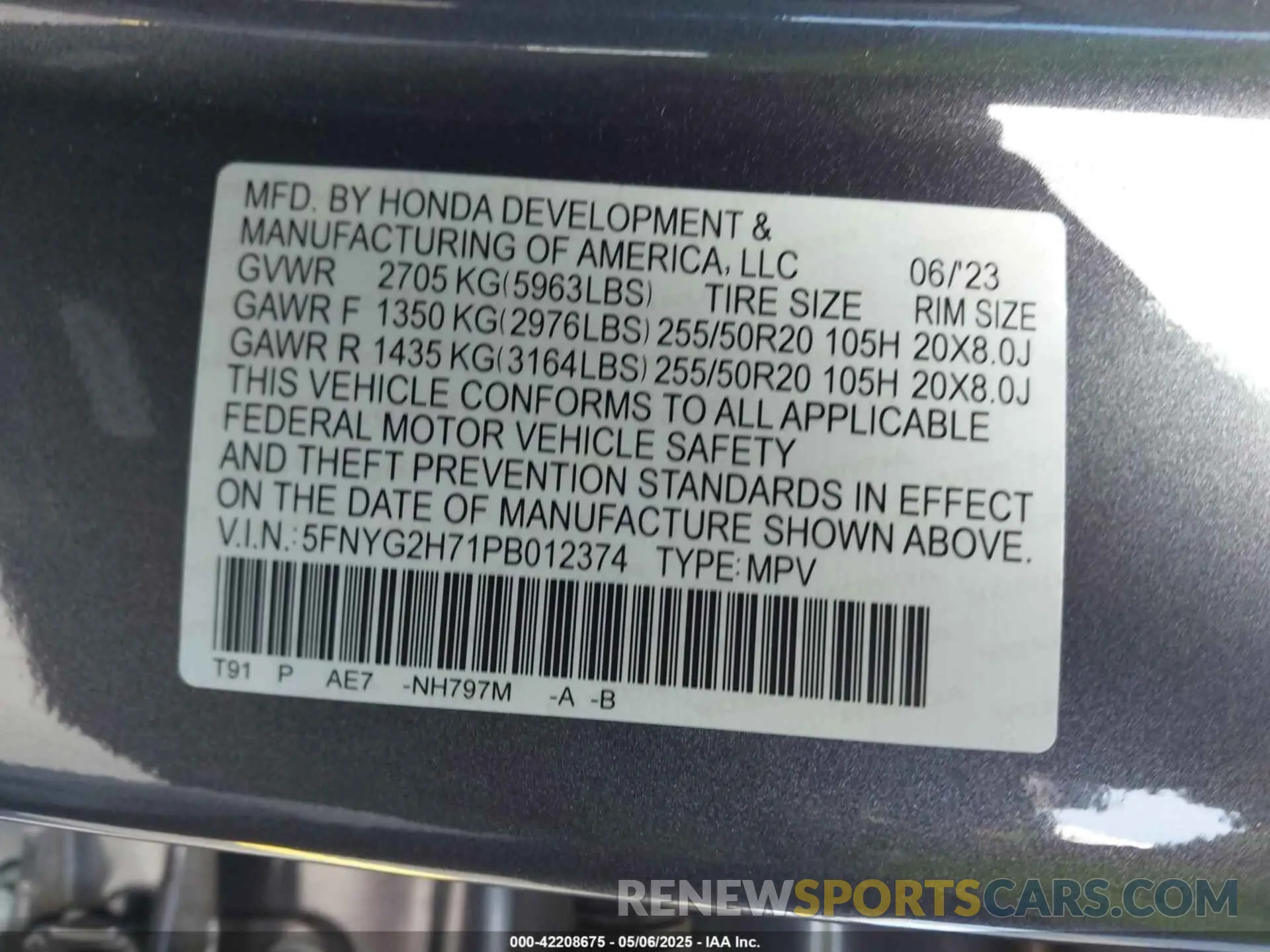 9 fotografías del automóvil dañado 5FNYG2H71PB012374 HONDA PILOT 2023