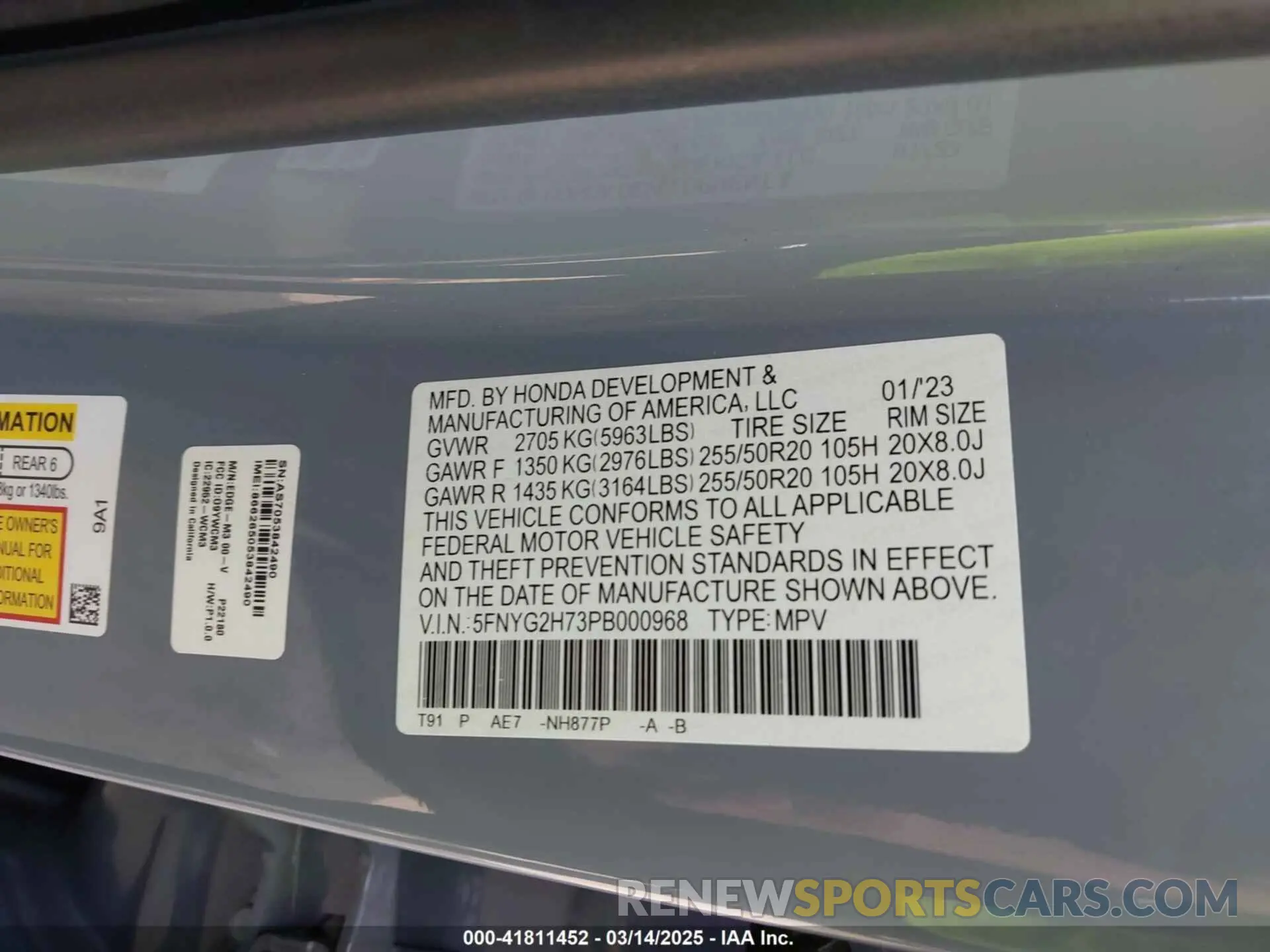 9 fotografías del automóvil dañado 5FNYG2H73PB000968 HONDA PILOT 2023