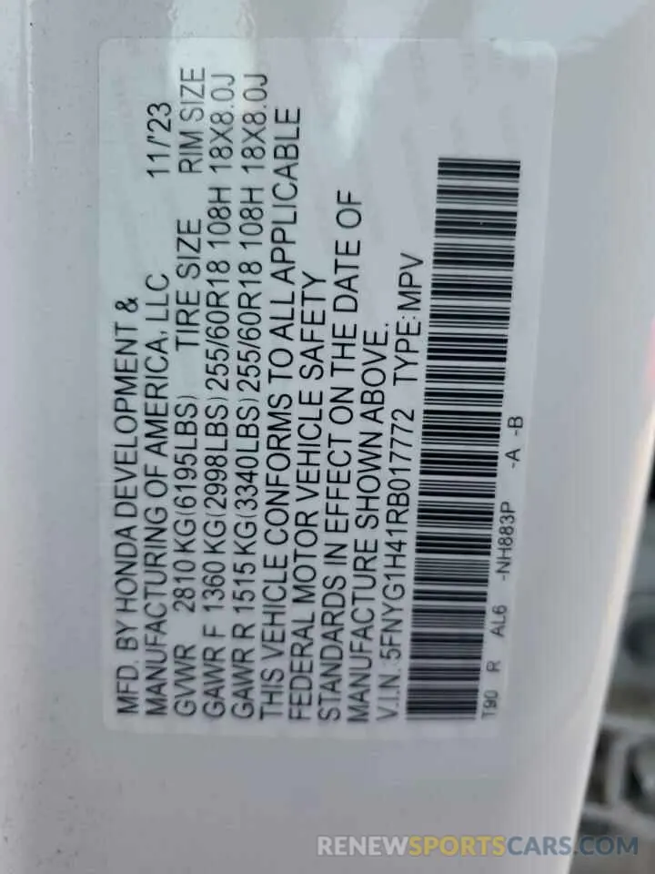 12 fotografías del automóvil dañado 5FNYG1H41RB017772 HONDA PILOT 2024