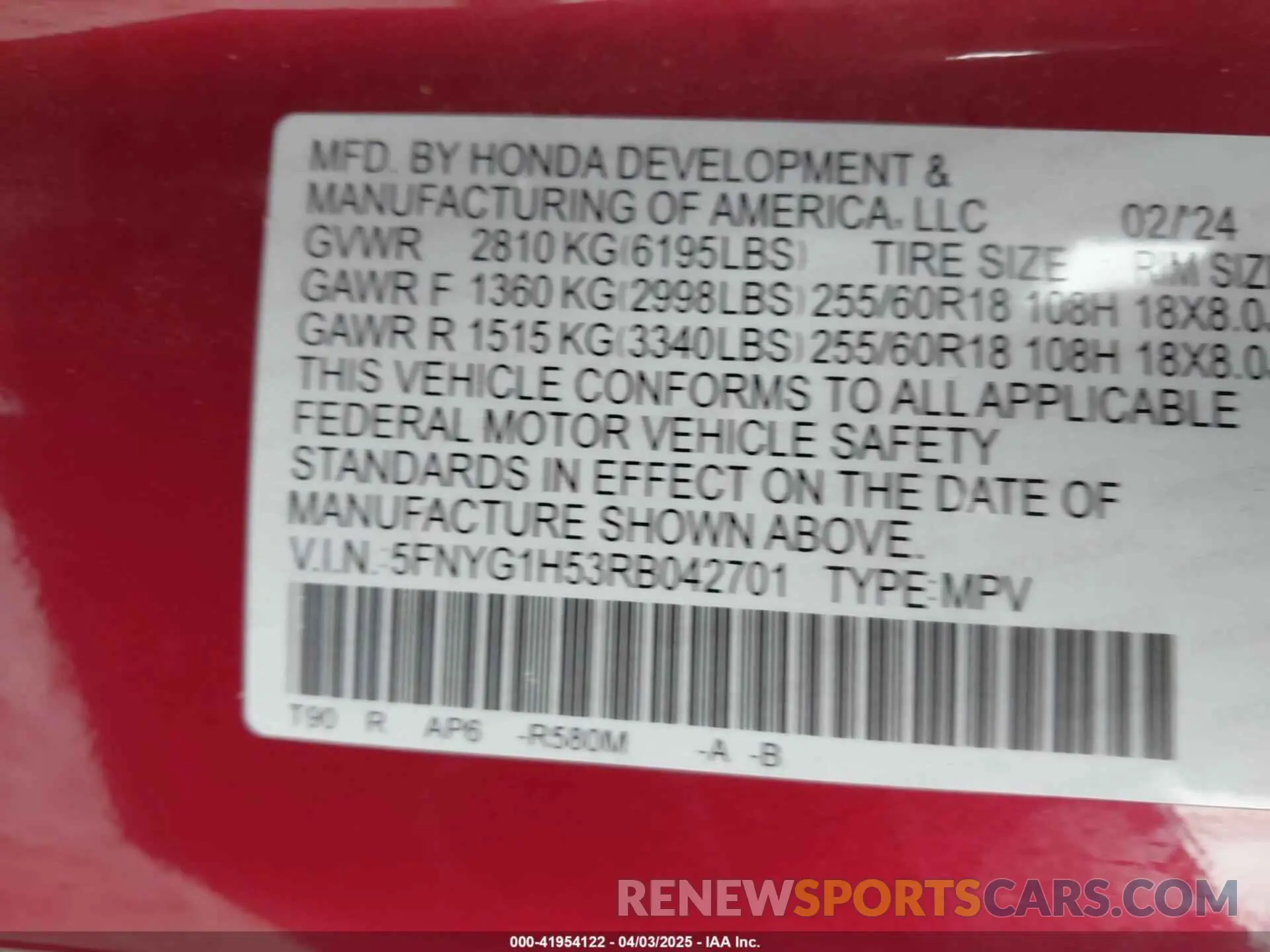 9 fotografías del automóvil dañado 5FNYG1H53RB042701 HONDA PILOT 2024
