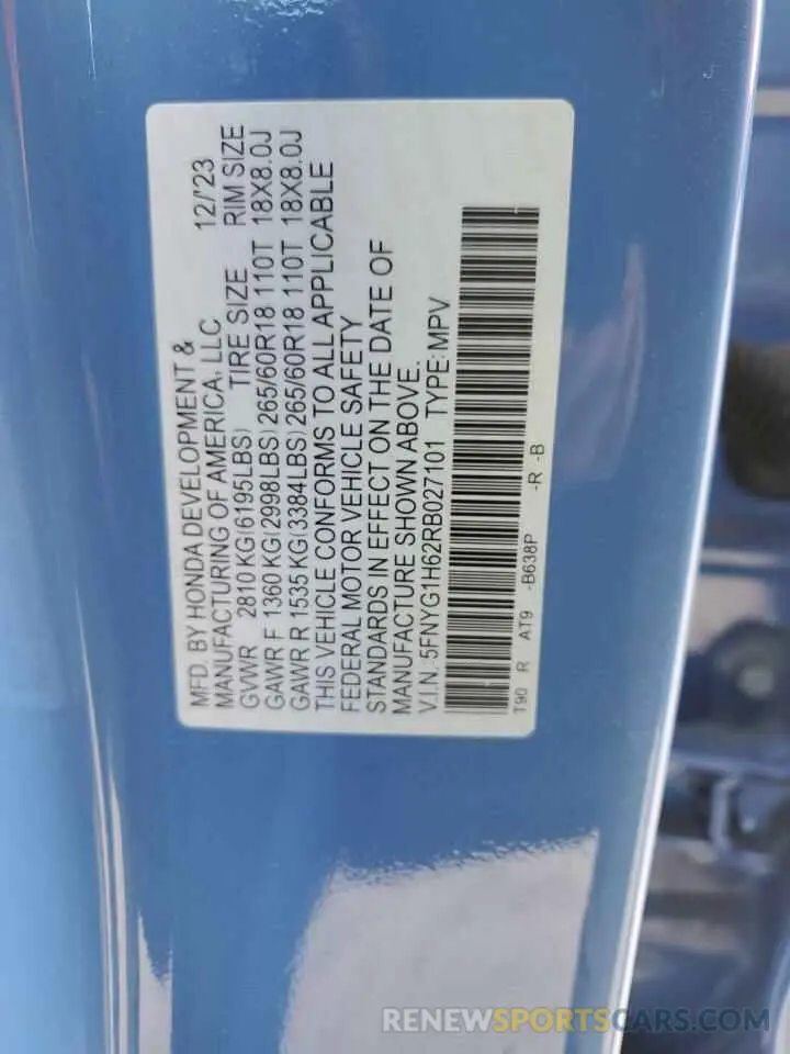 13 fotografías del automóvil dañado 5FNYG1H62RB027101 HONDA PILOT 2024