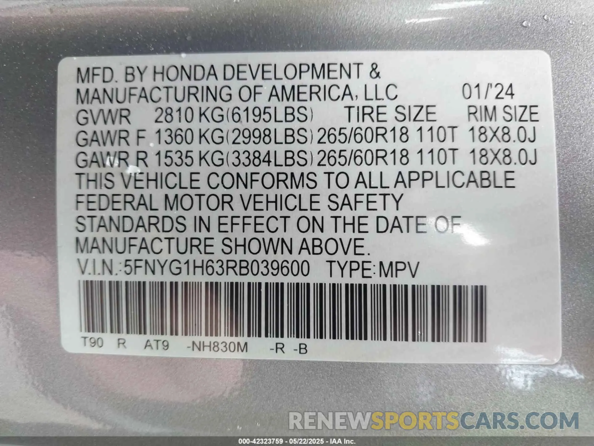 9 fotografías del automóvil dañado 5FNYG1H63RB039600 HONDA PILOT 2024