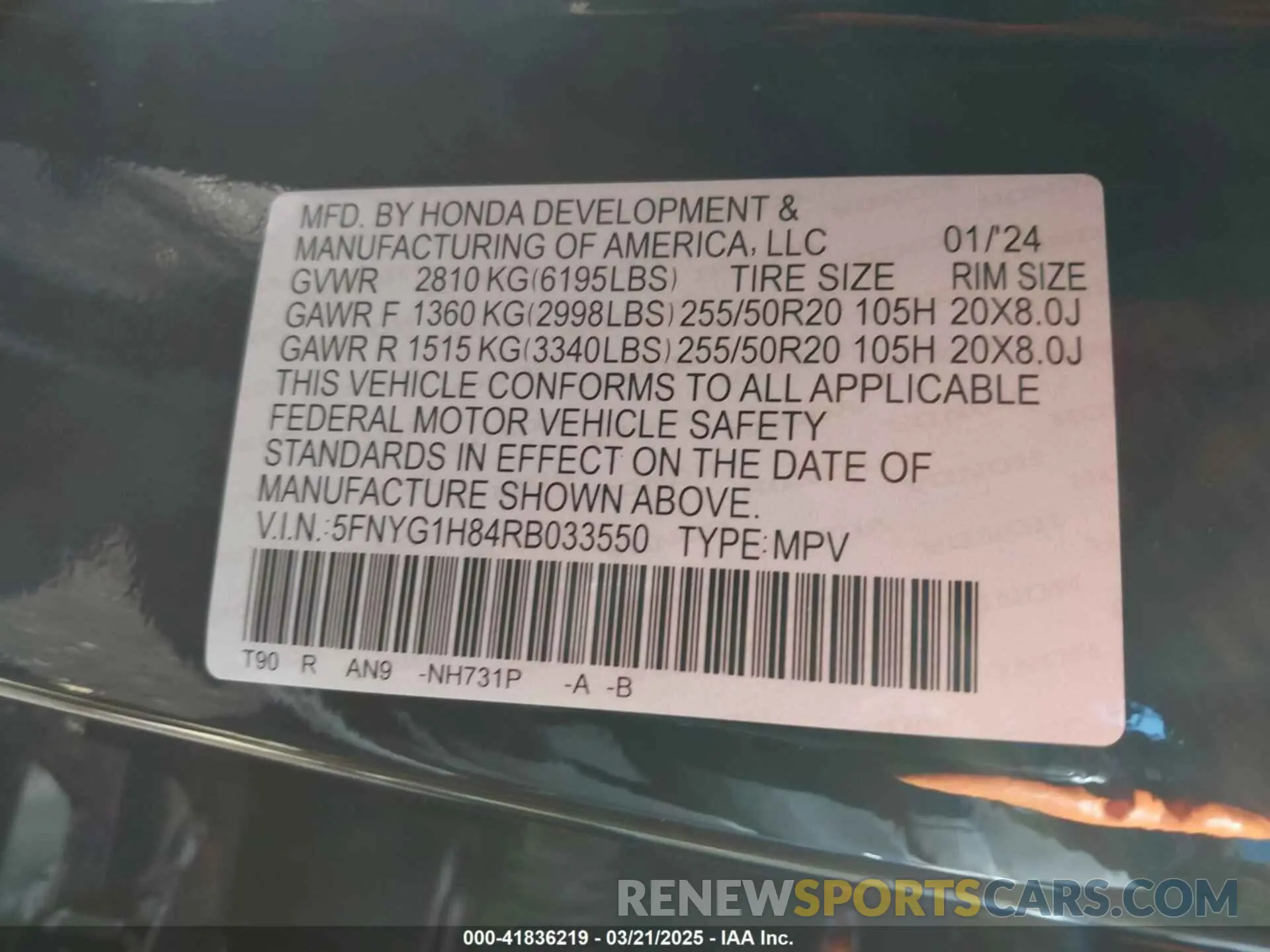 9 fotografías del automóvil dañado 5FNYG1H84RB033550 HONDA PILOT 2024