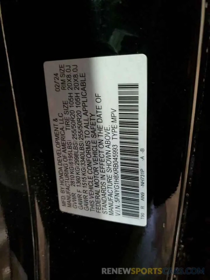 13 fotografías del automóvil dañado 5FNYG1H8XRB045993 HONDA PILOT 2024