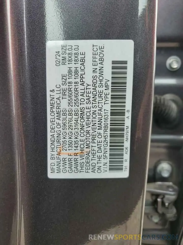13 fotografías del automóvil dañado 5FNYG2H57RB016317 HONDA PILOT 2024