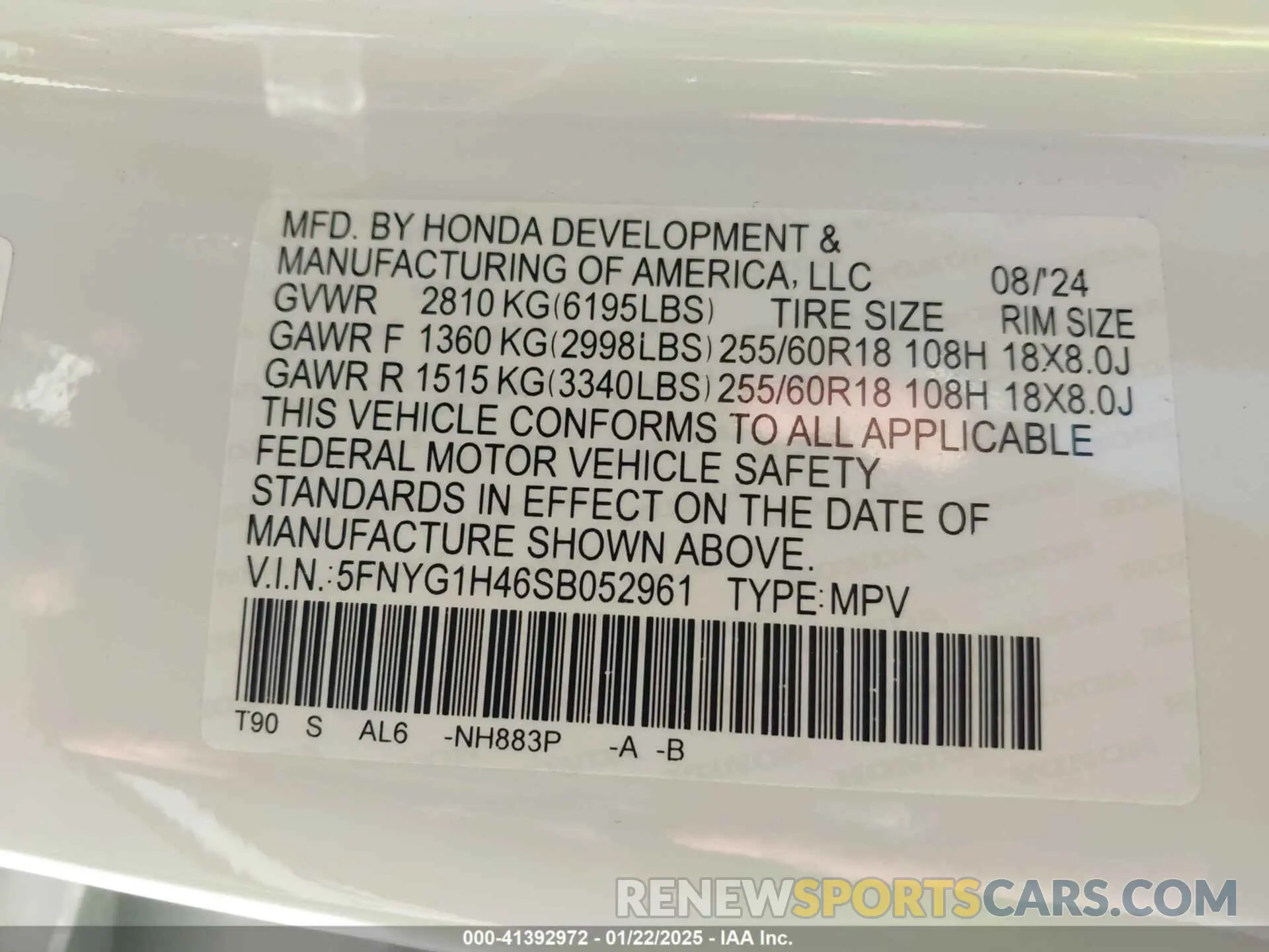 9 fotografías del automóvil dañado 5FNYG1H46SB052961 HONDA PILOT 2025