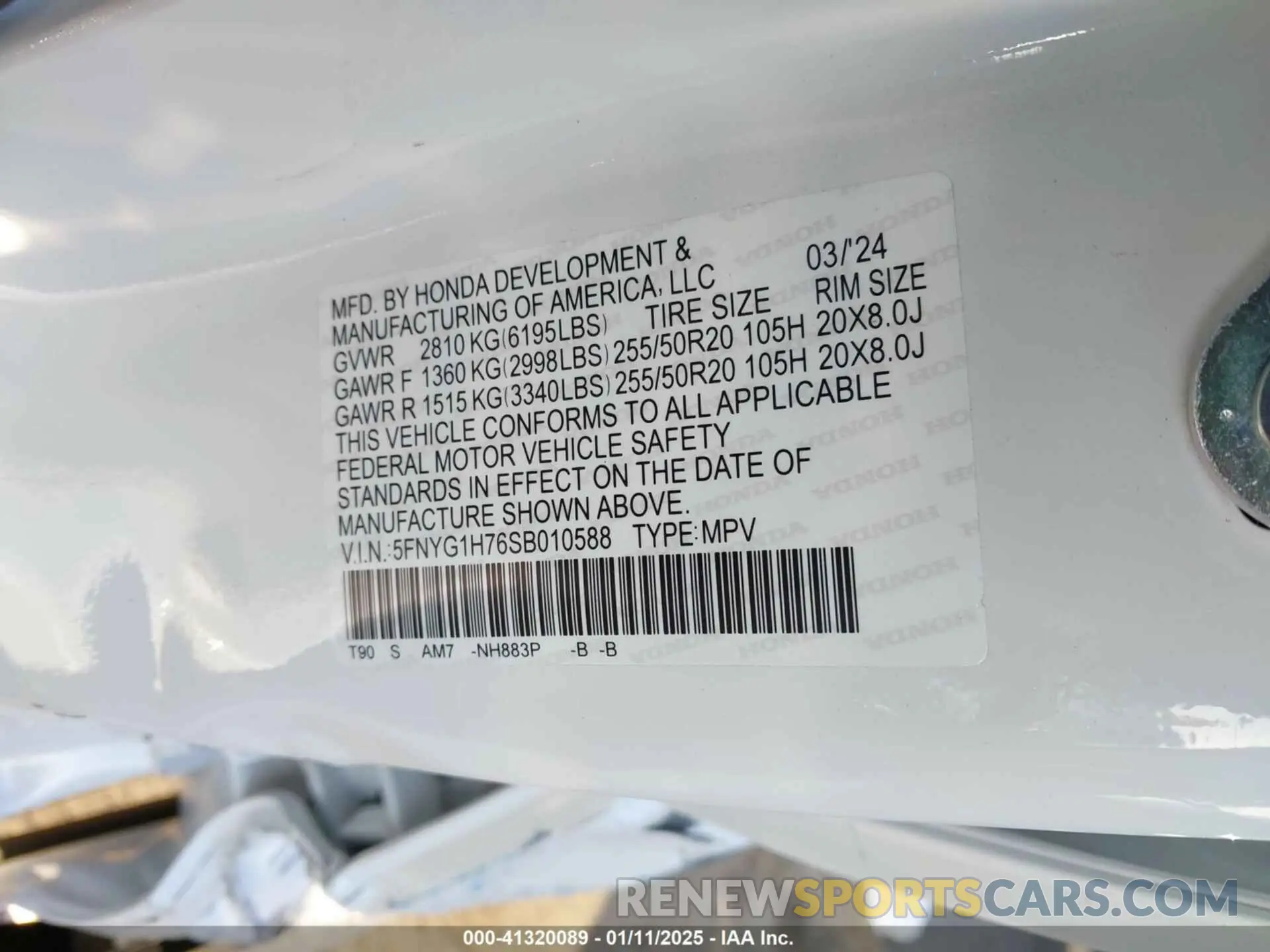 9 fotografías del automóvil dañado 5FNYG1H76SB010588 HONDA PILOT 2025