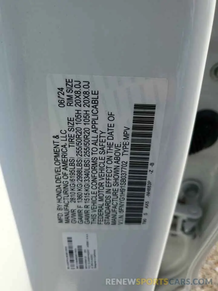 14 fotografías del automóvil dañado 5FNYG1H91SB037702 HONDA PILOT 2025