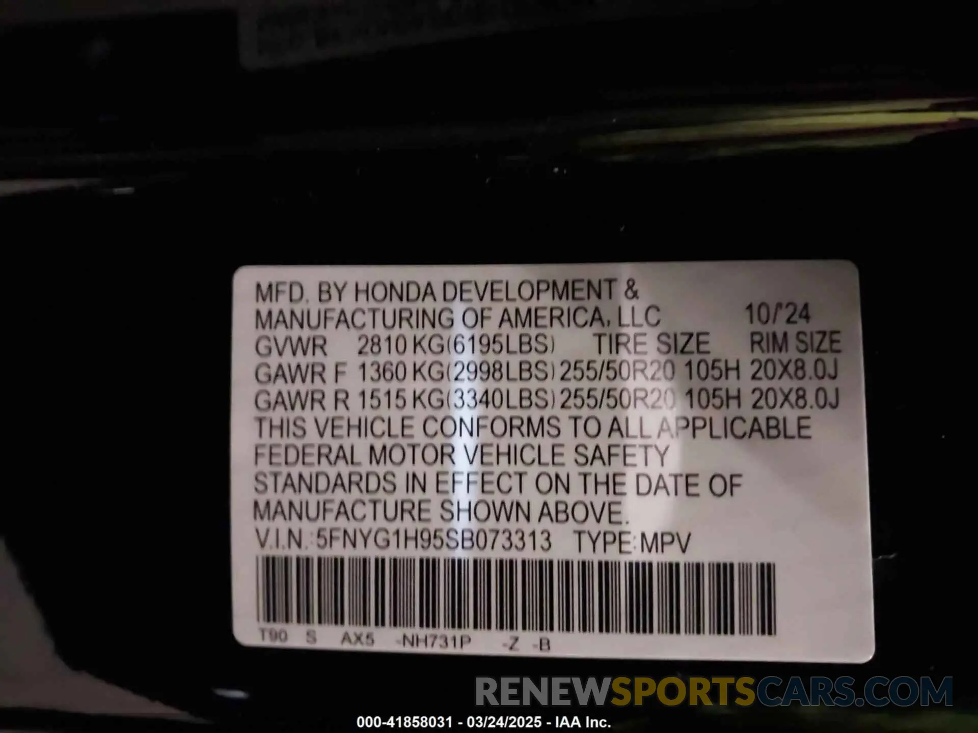 9 fotografías del automóvil dañado 5FNYG1H95SB073313 HONDA PILOT 2025