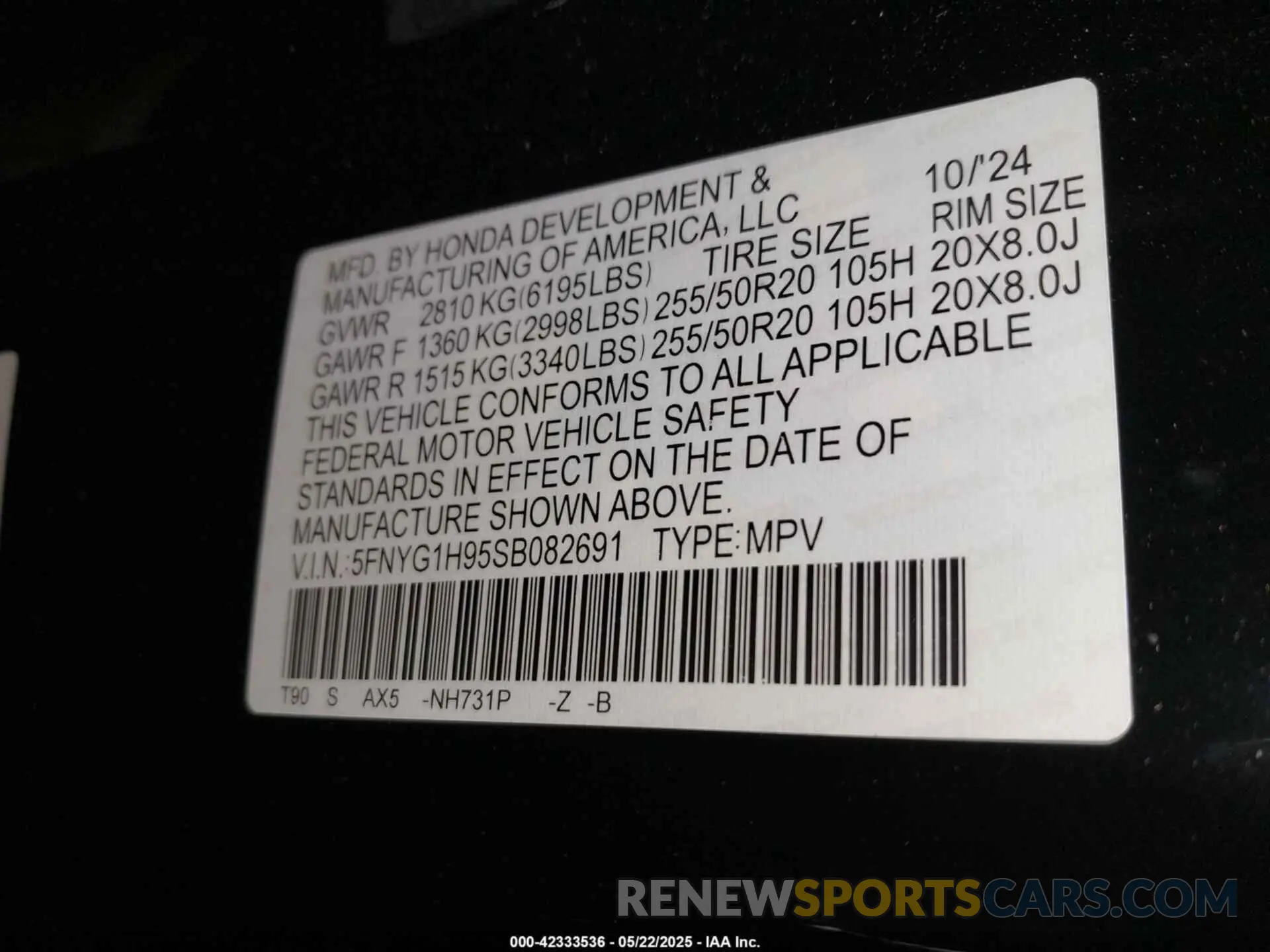 9 fotografías del automóvil dañado 5FNYG1H95SB082691 HONDA PILOT 2025