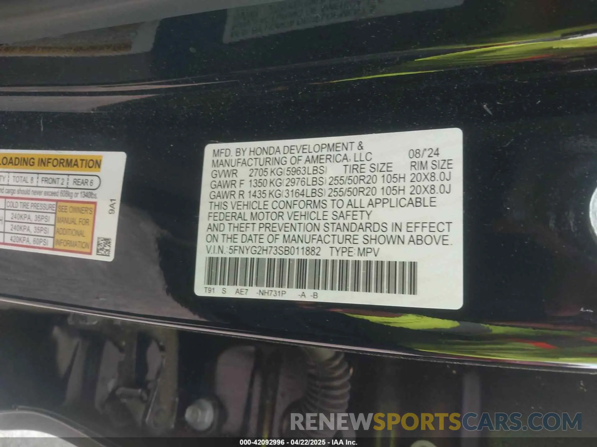 9 fotografías del automóvil dañado 5FNYG2H73SB011882 HONDA PILOT 2025