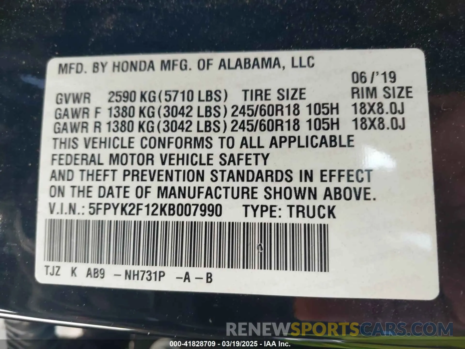 9 fotografías del automóvil dañado 5FPYK2F12KB007990 HONDA RIDGELINE 2019
