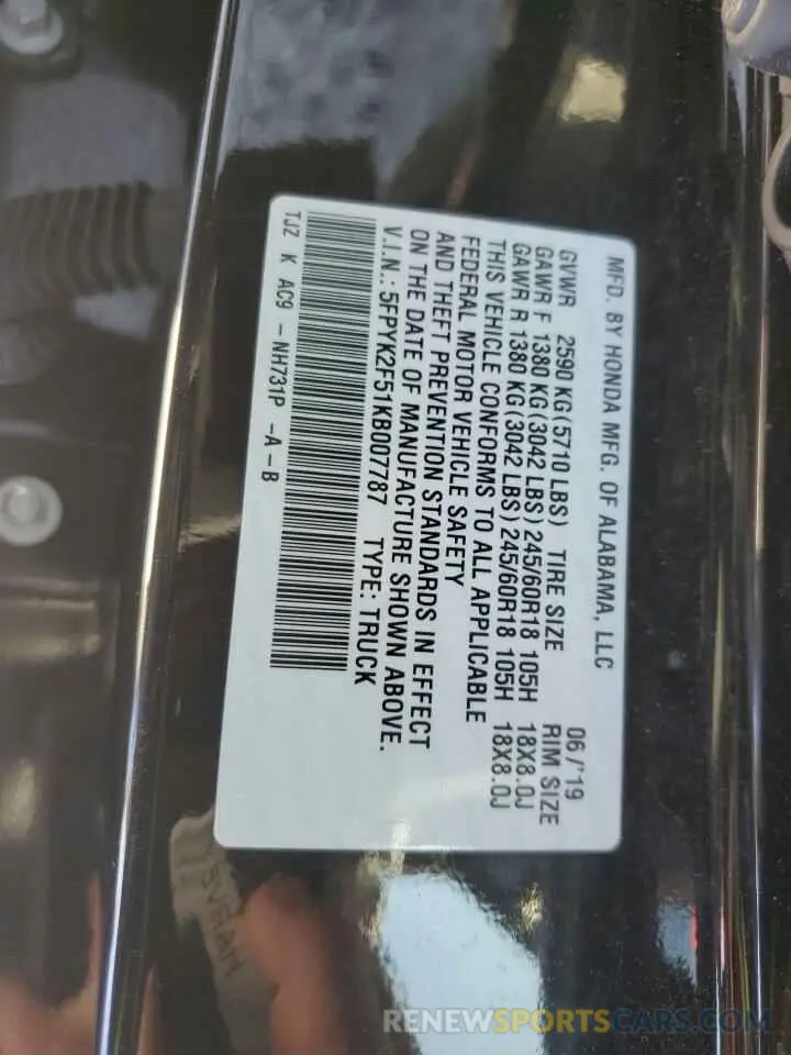 12 fotografías del automóvil dañado 5FPYK2F51KB007787 HONDA RIDGELINE 2019
