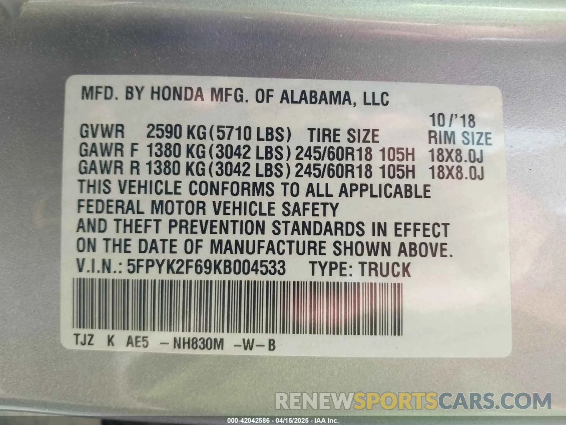 9 fotografías del automóvil dañado 5FPYK2F69KB004533 HONDA RIDGELINE 2019