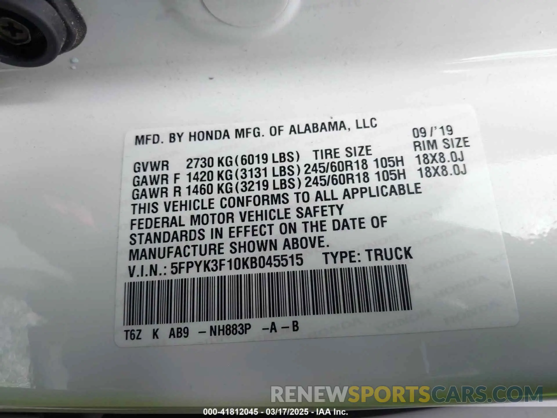 9 fotografías del automóvil dañado 5FPYK3F10KB045515 HONDA RIDGELINE 2019