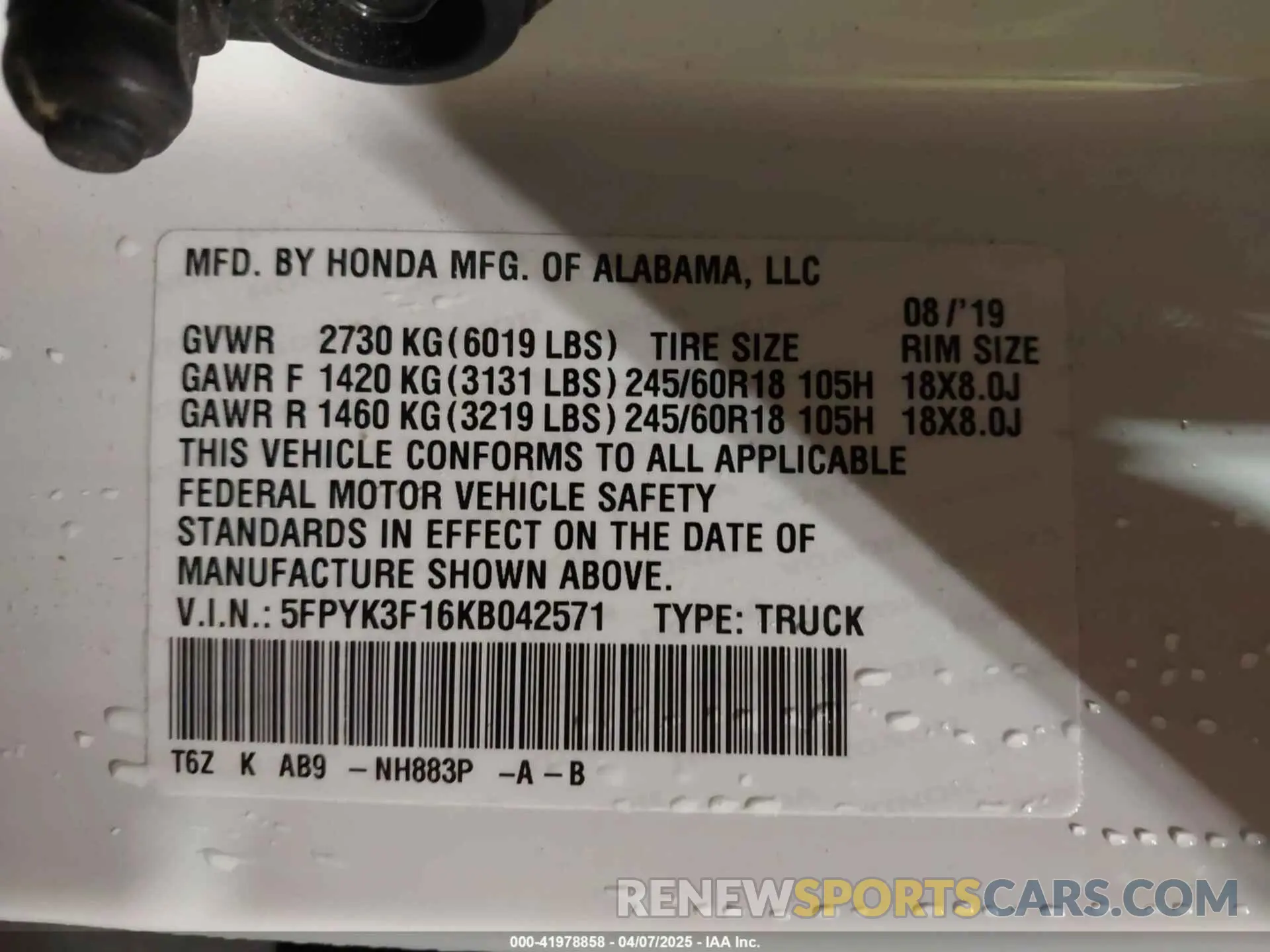 9 fotografías del automóvil dañado 5FPYK3F16KB042571 HONDA RIDGELINE 2019