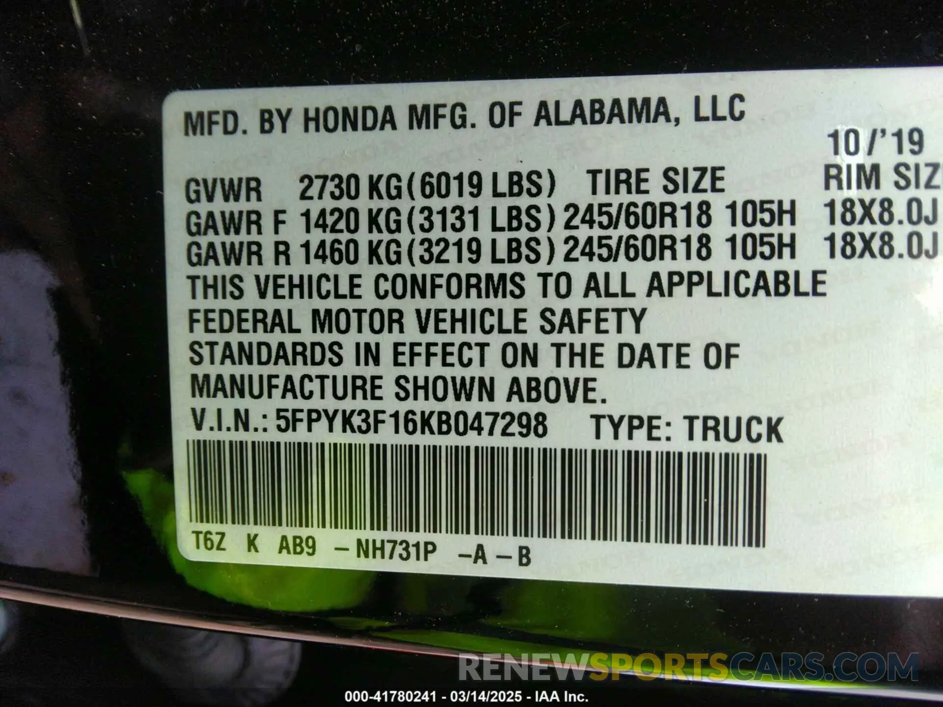 9 fotografías del automóvil dañado 5FPYK3F16KB047298 HONDA RIDGELINE 2019