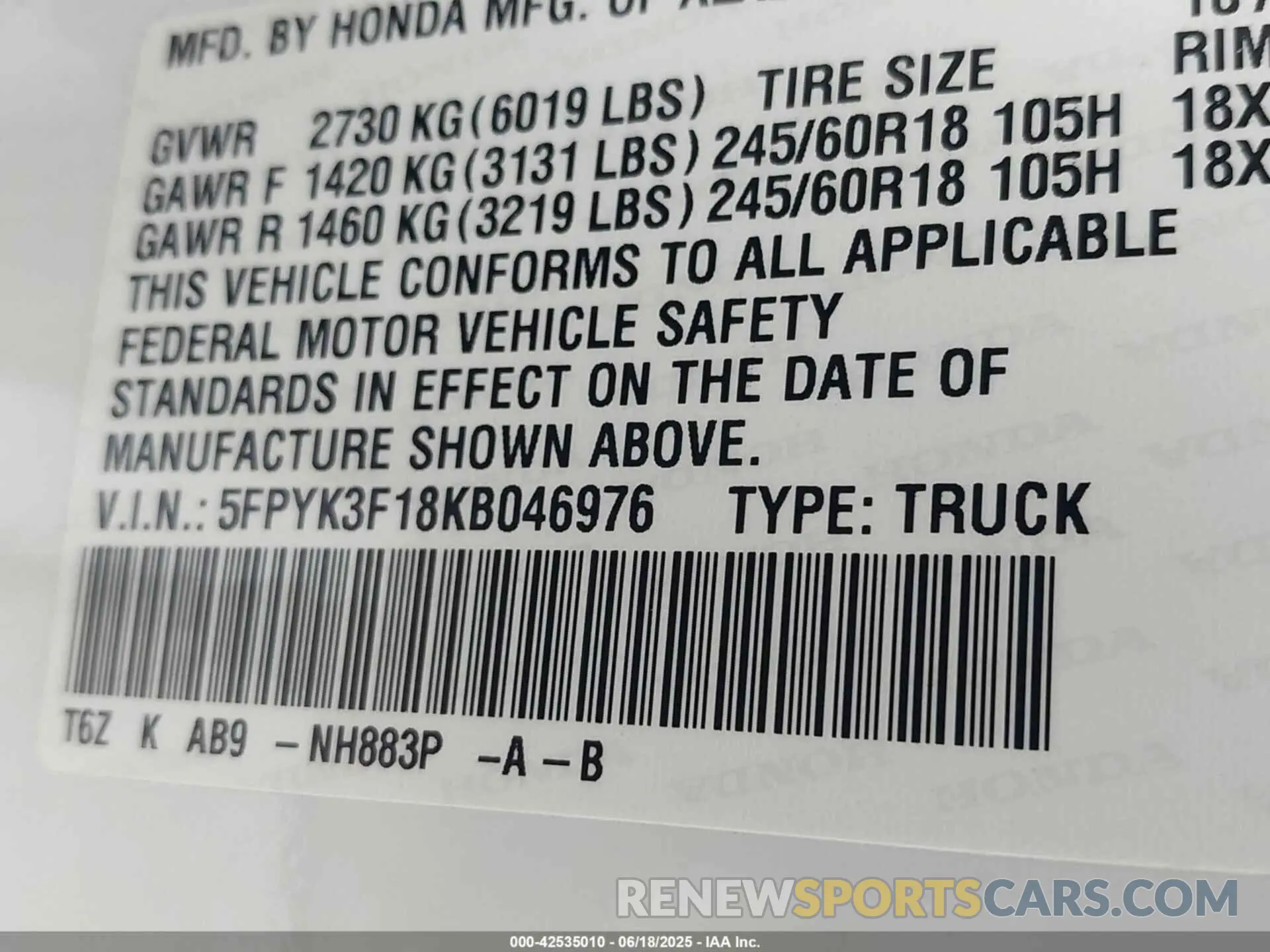 9 fotografías del automóvil dañado 5FPYK3F18KB046976 HONDA RIDGELINE 2019