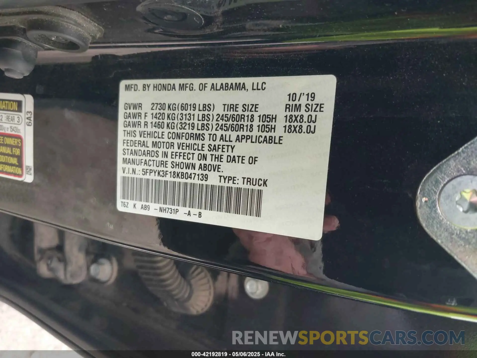 9 fotografías del automóvil dañado 5FPYK3F18KB047139 HONDA RIDGELINE 2019