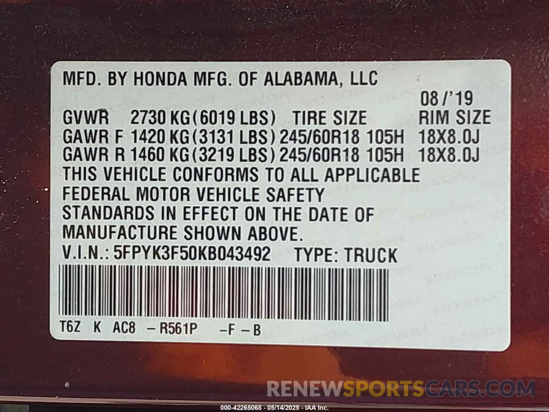 9 fotografías del automóvil dañado 5FPYK3F50KB043492 HONDA RIDGELINE 2019