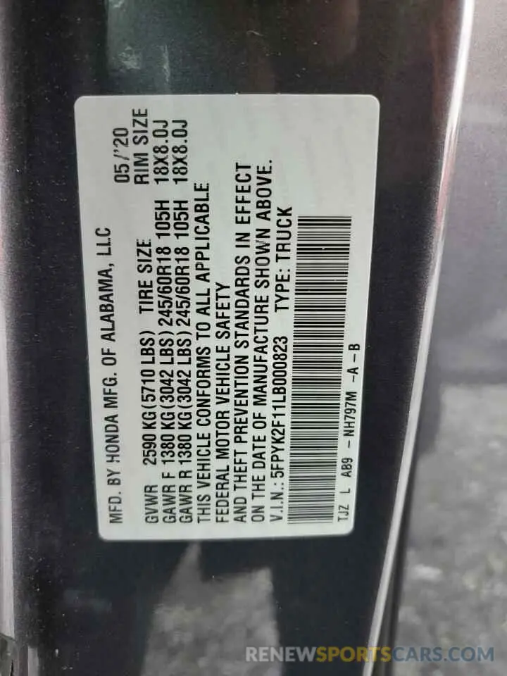 13 fotografías del automóvil dañado 5FPYK2F11LB000823 HONDA RIDGELINE 2020