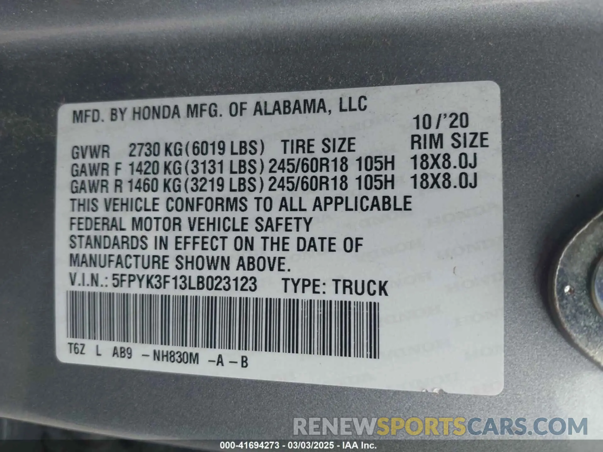 9 fotografías del automóvil dañado 5FPYK3F13LB023123 HONDA RIDGELINE 2020