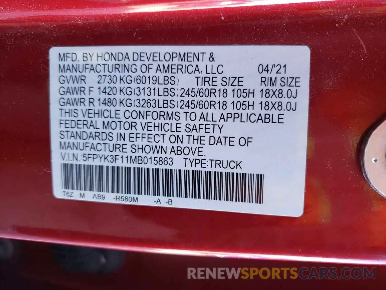 15 fotografías del automóvil dañado 5FPYK3F11MB015863 HONDA RIDGELINE 2021