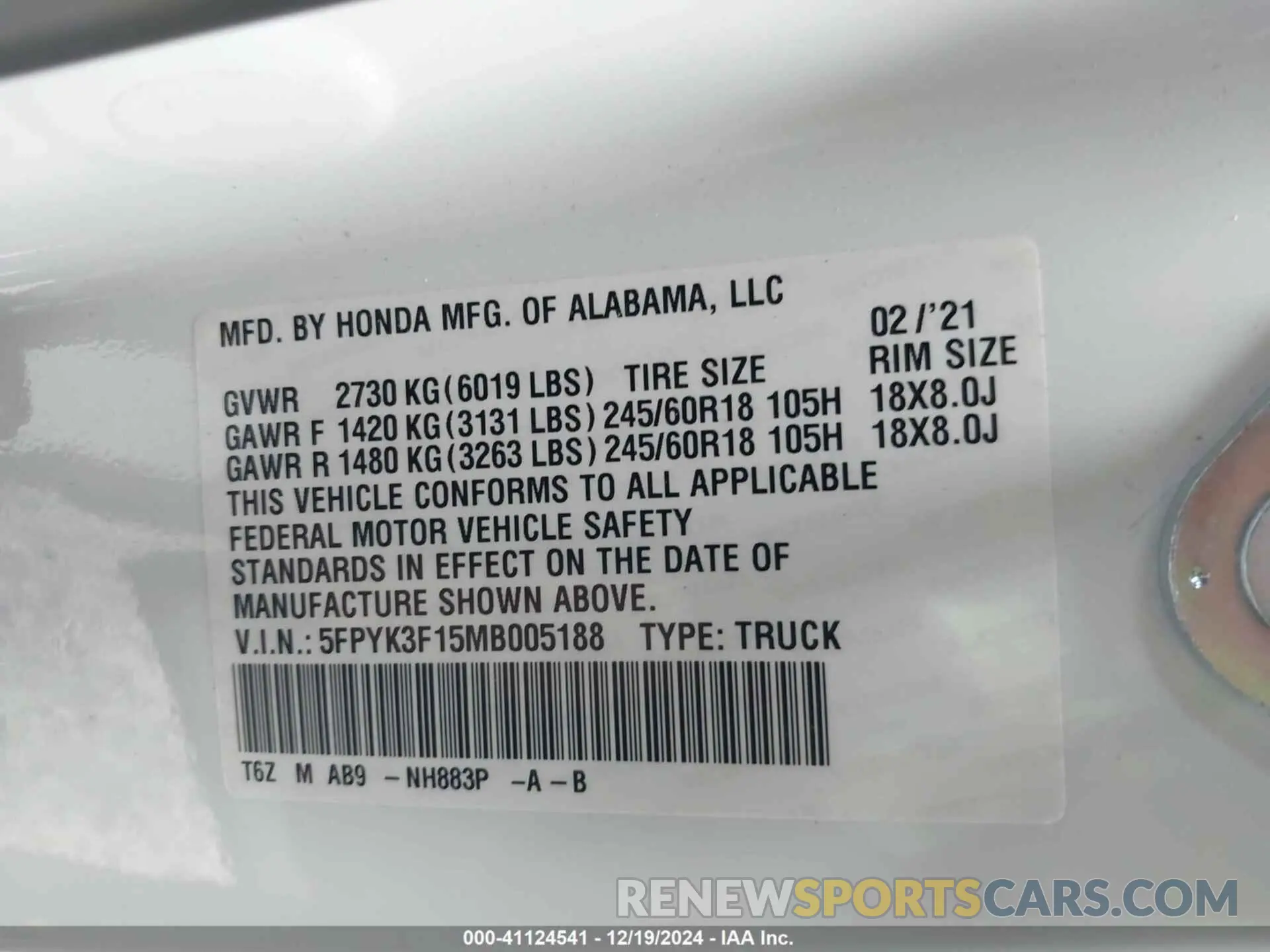 9 fotografías del automóvil dañado 5FPYK3F15MB005188 HONDA RIDGELINE 2021