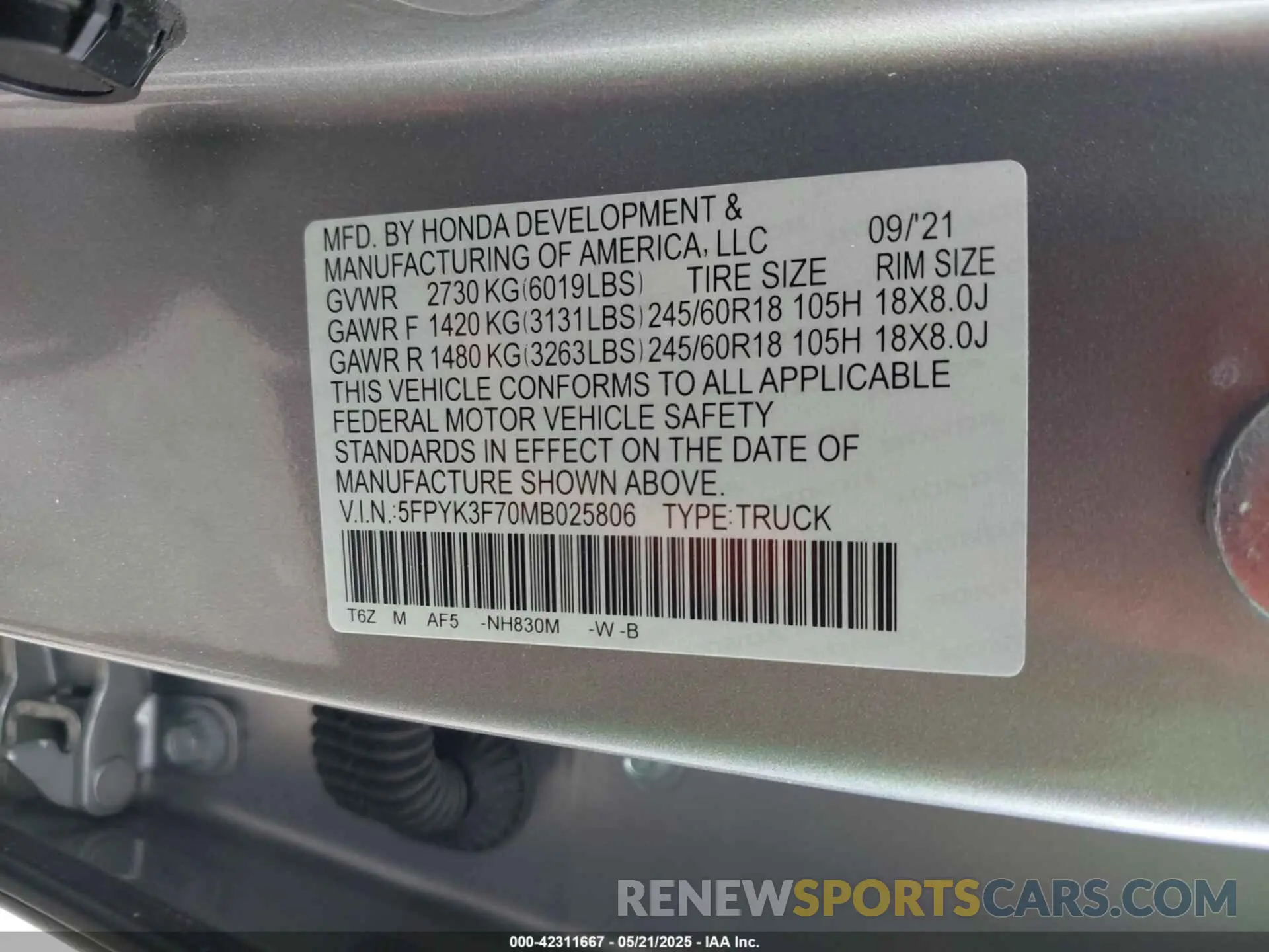9 fotografías del automóvil dañado 5FPYK3F70MB025806 HONDA RIDGELINE 2021