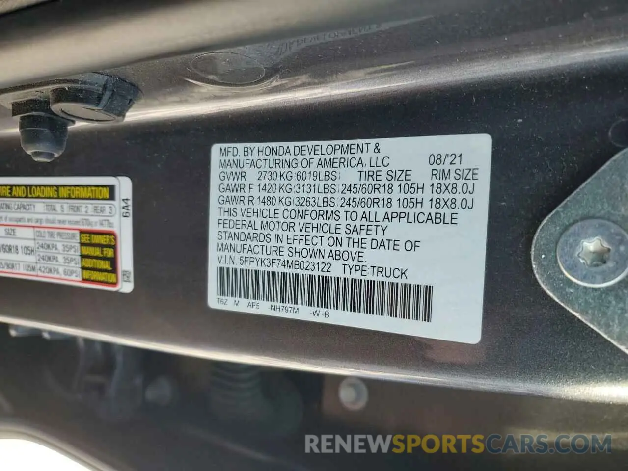 12 fotografías del automóvil dañado 5FPYK3F74MB023122 HONDA RIDGELINE 2021