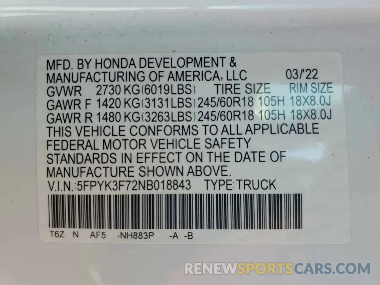 12 fotografías del automóvil dañado 5FPYK3F72NB018843 HONDA RIDGELINE 2022