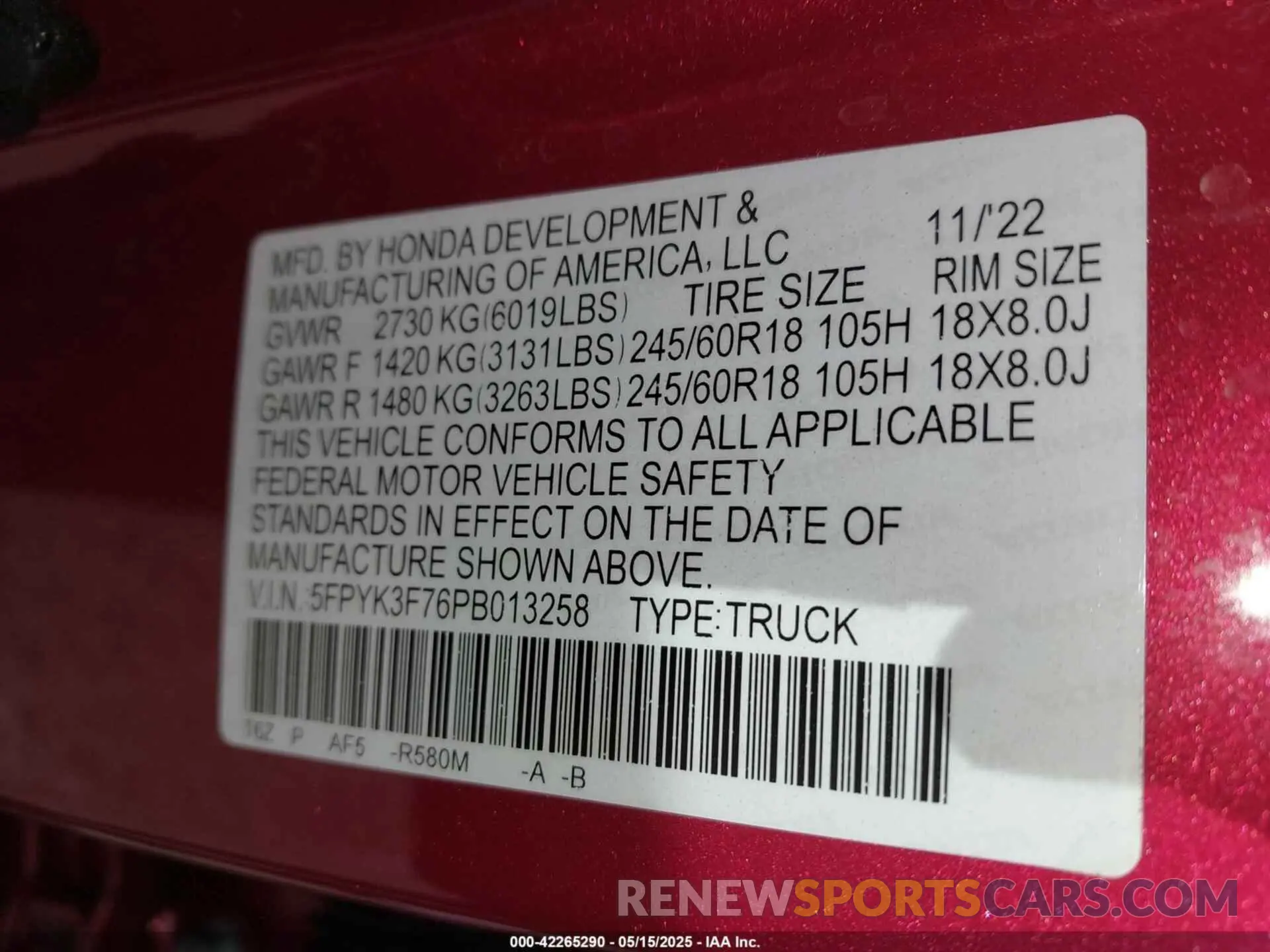 9 fotografías del automóvil dañado 5FPYK3F76PB013258 HONDA RIDGELINE 2023