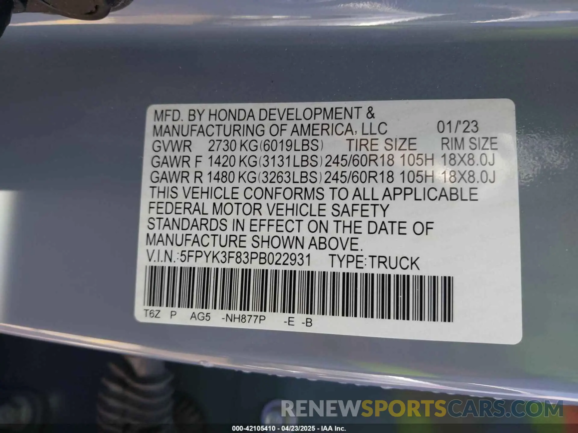 9 fotografías del automóvil dañado 5FPYK3F83PB022931 HONDA RIDGELINE 2023