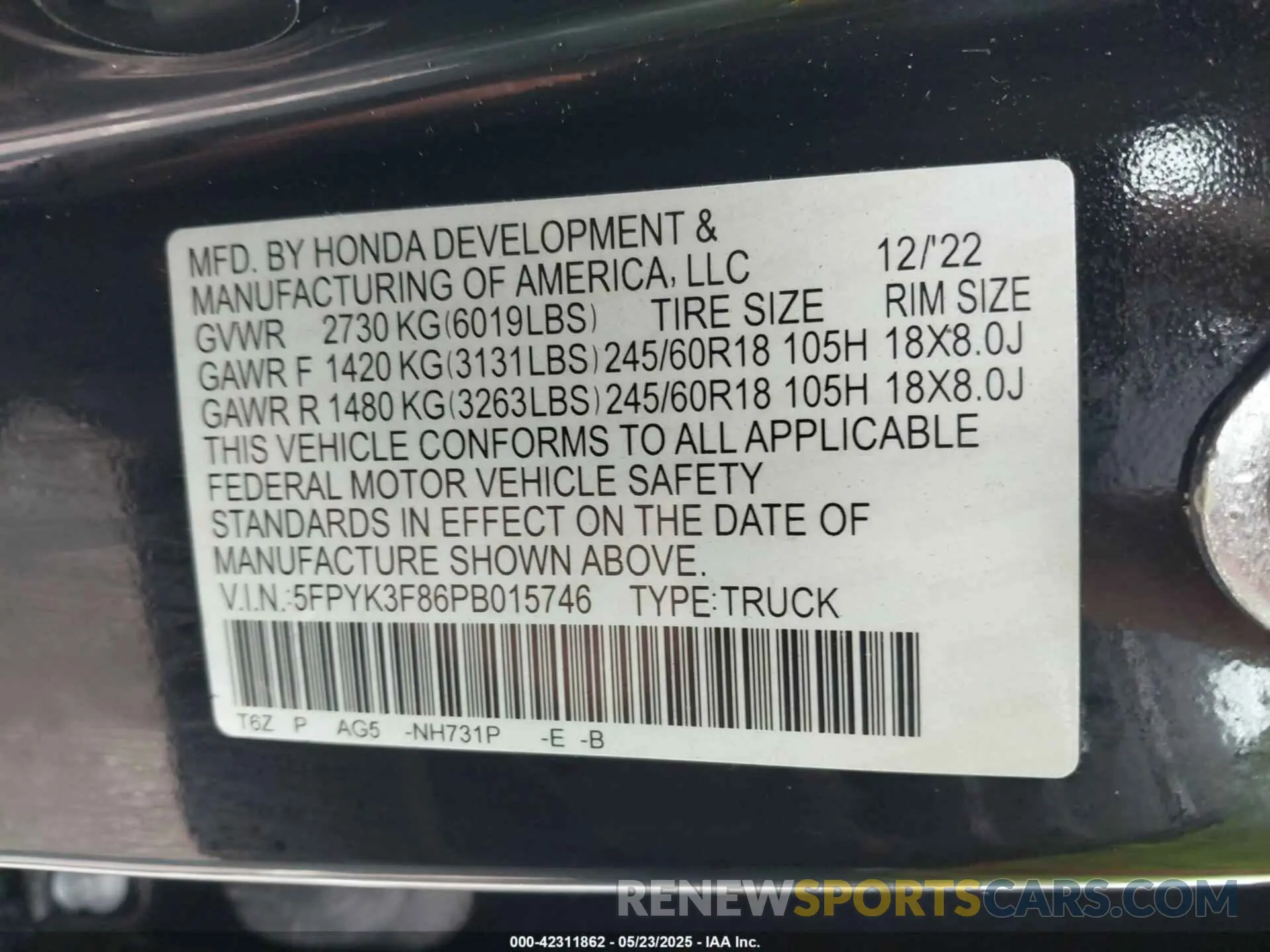 9 fotografías del automóvil dañado 5FPYK3F86PB015746 HONDA RIDGELINE 2023