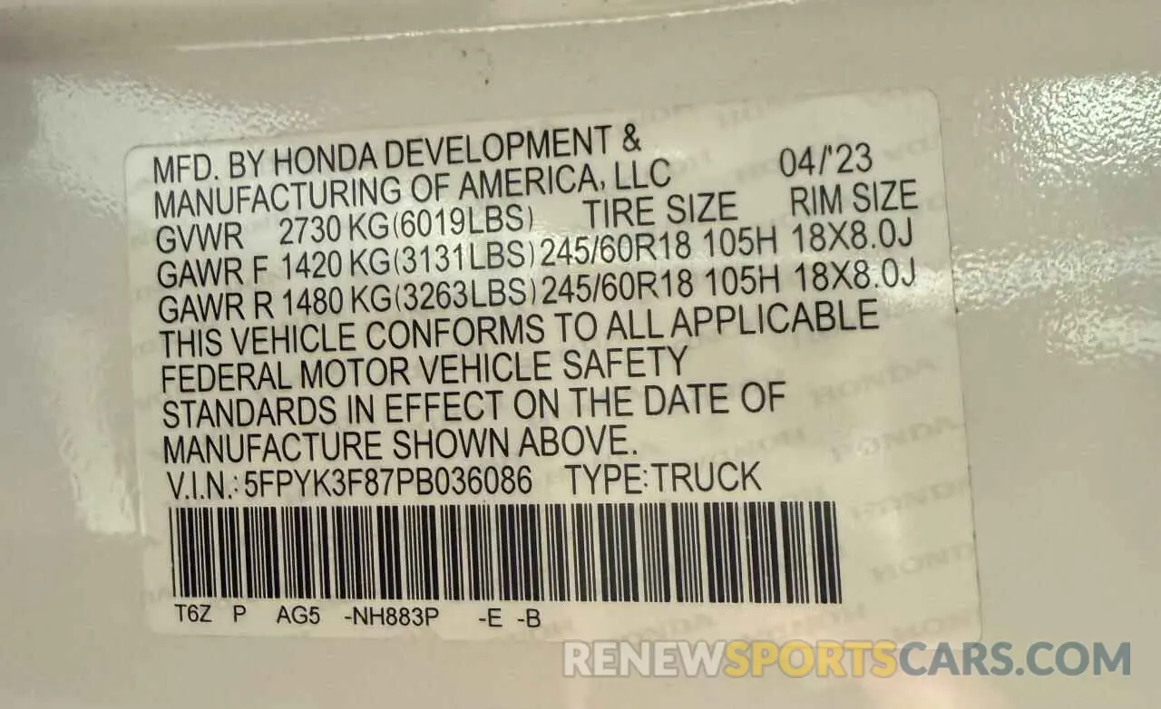 10 fotografías del automóvil dañado 5FPYK3F87PB036086 HONDA RIDGELINE 2023