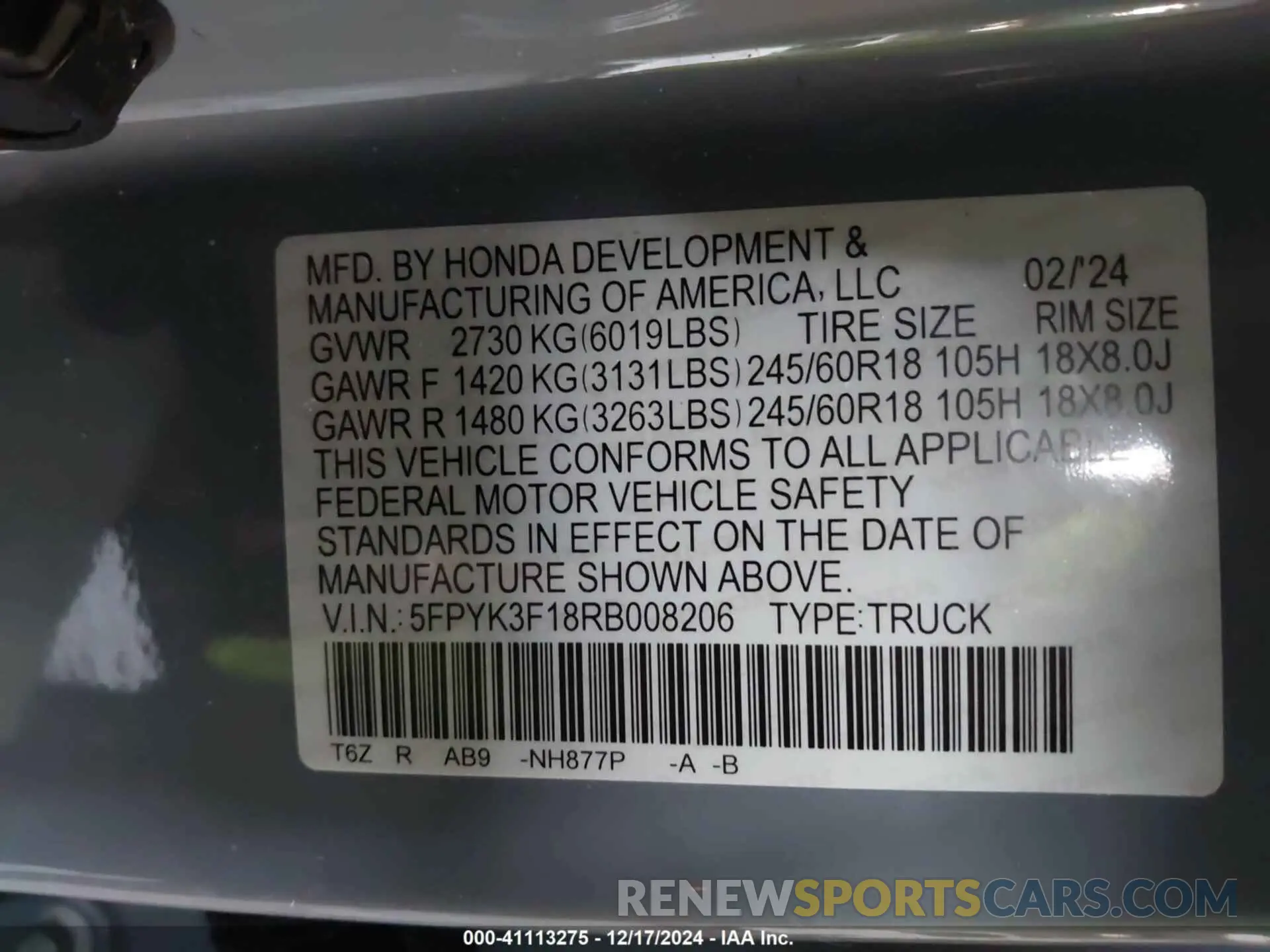 9 fotografías del automóvil dañado 5FPYK3F18RB008206 HONDA RIDGELINE 2024
