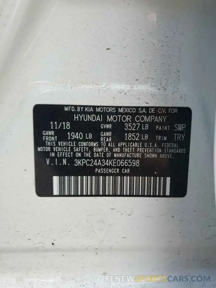 12 fotografías del automóvil dañado 3KPC24A34KE066598 HYUNDAI ACCENT 2019