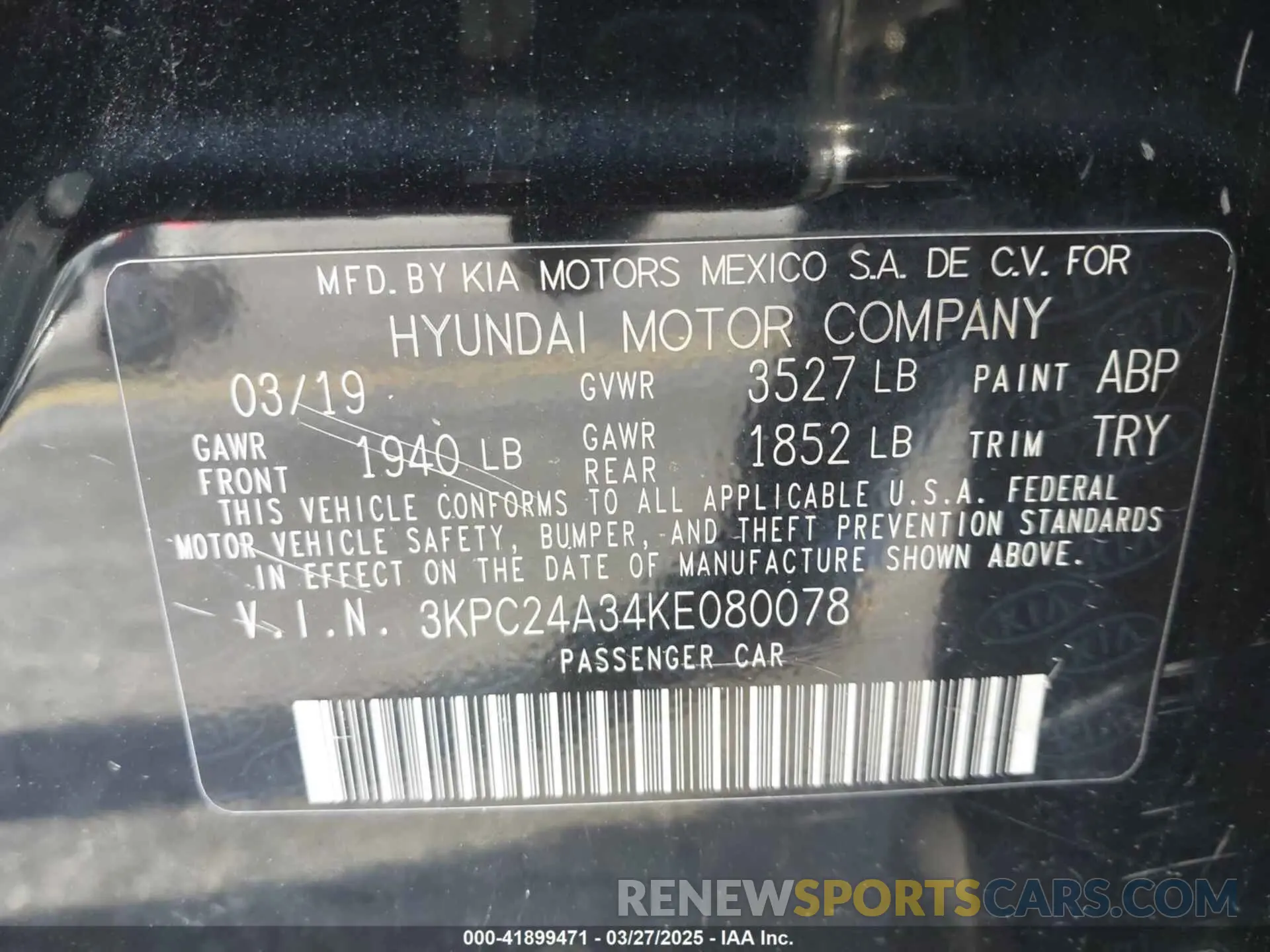9 fotografías del automóvil dañado 3KPC24A34KE080078 HYUNDAI ACCENT 2019