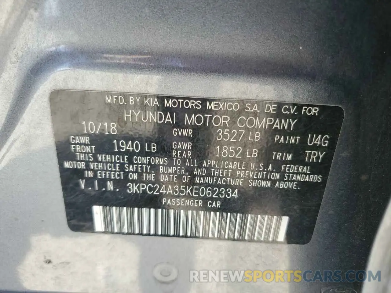 12 fotografías del automóvil dañado 3KPC24A35KE062334 HYUNDAI ACCENT 2019