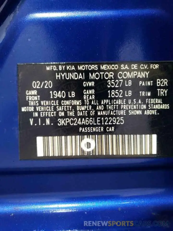 12 fotografías del automóvil dañado 3KPC24A66LE122925 HYUNDAI ACCENT 2020
