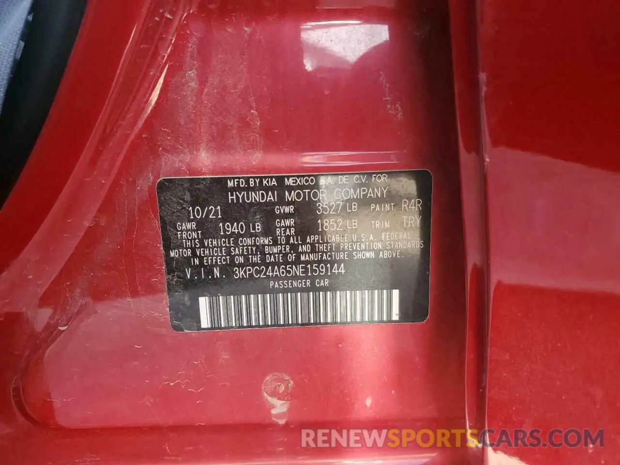 12 fotografías del automóvil dañado 3KPC24A65NE159144 HYUNDAI ACCENT 2022