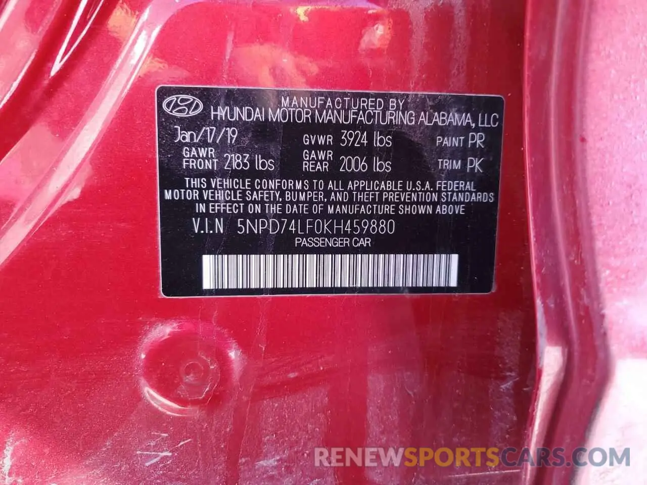 12 fotografías del automóvil dañado 5NPD74LF0KH459880 HYUNDAI ELANTRA 2019