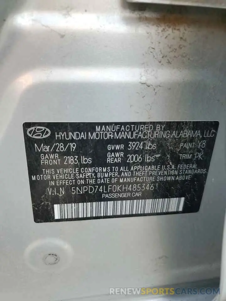 15 fotografías del automóvil dañado 5NPD74LF0KH485346 HYUNDAI ELANTRA 2019