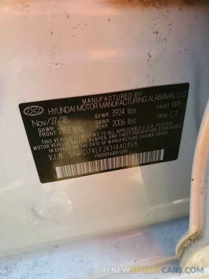 14 fotografías del automóvil dañado 5NPD74LF2KH440358 HYUNDAI ELANTRA 2019