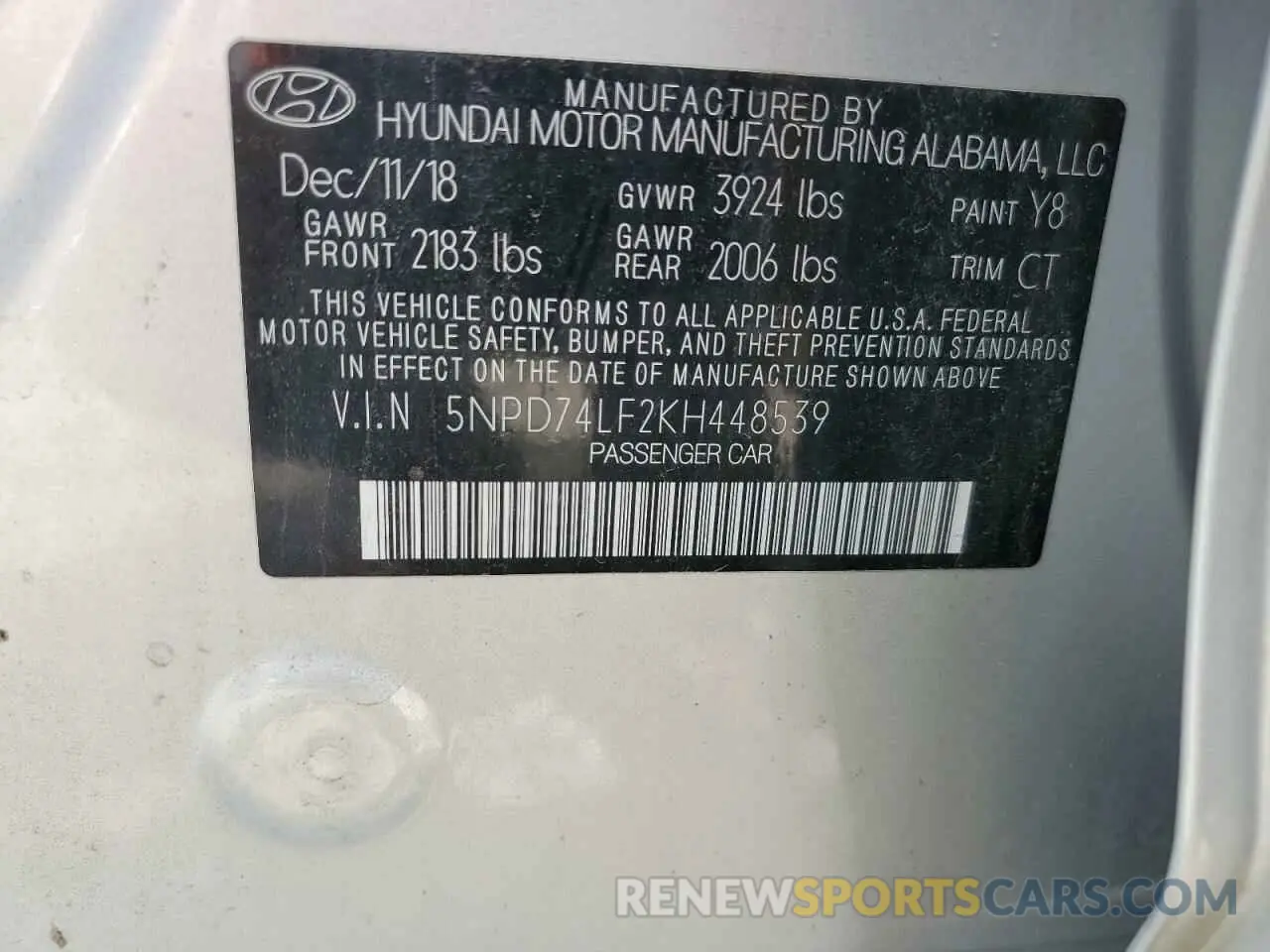 12 fotografías del automóvil dañado 5NPD74LF2KH448539 HYUNDAI ELANTRA 2019