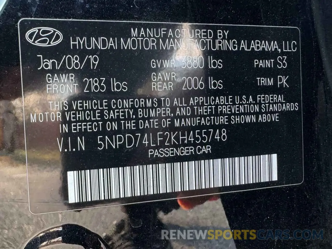 10 fotografías del automóvil dañado 5NPD74LF2KH455748 HYUNDAI ELANTRA 2019